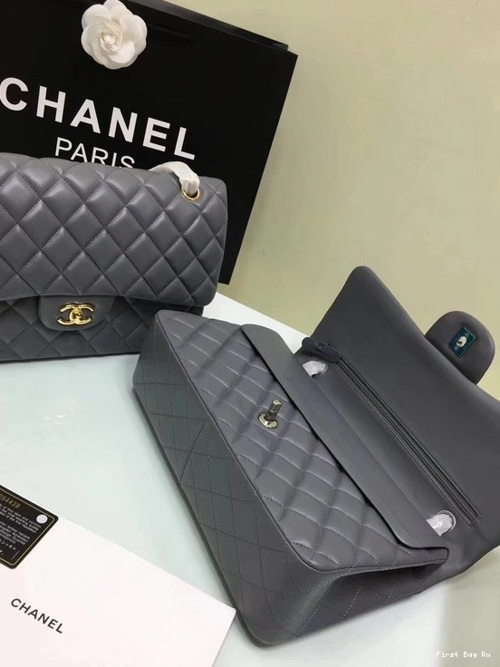 Firstbag Ru Size With CHANEL Lambskin Bag Leather Flap 1112 Silver Grey 30cm Hardware Large Gold 0806